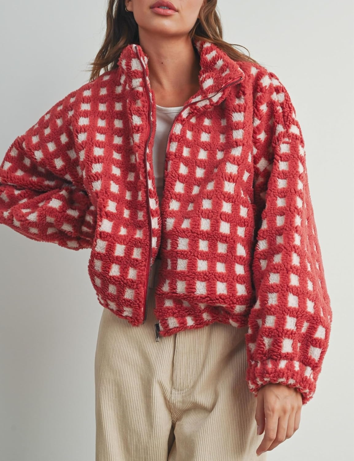 Women’s Cropped Sherpa Fleece Plaid Jacket Chunky Teddy Fleece Outerwear