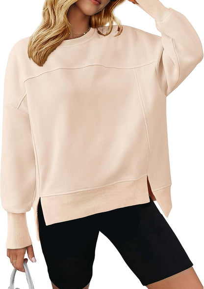 ✨Women's Casual Crewneck Sweatshirts Long Sleeve Side Slit Fleece Pullover Tops