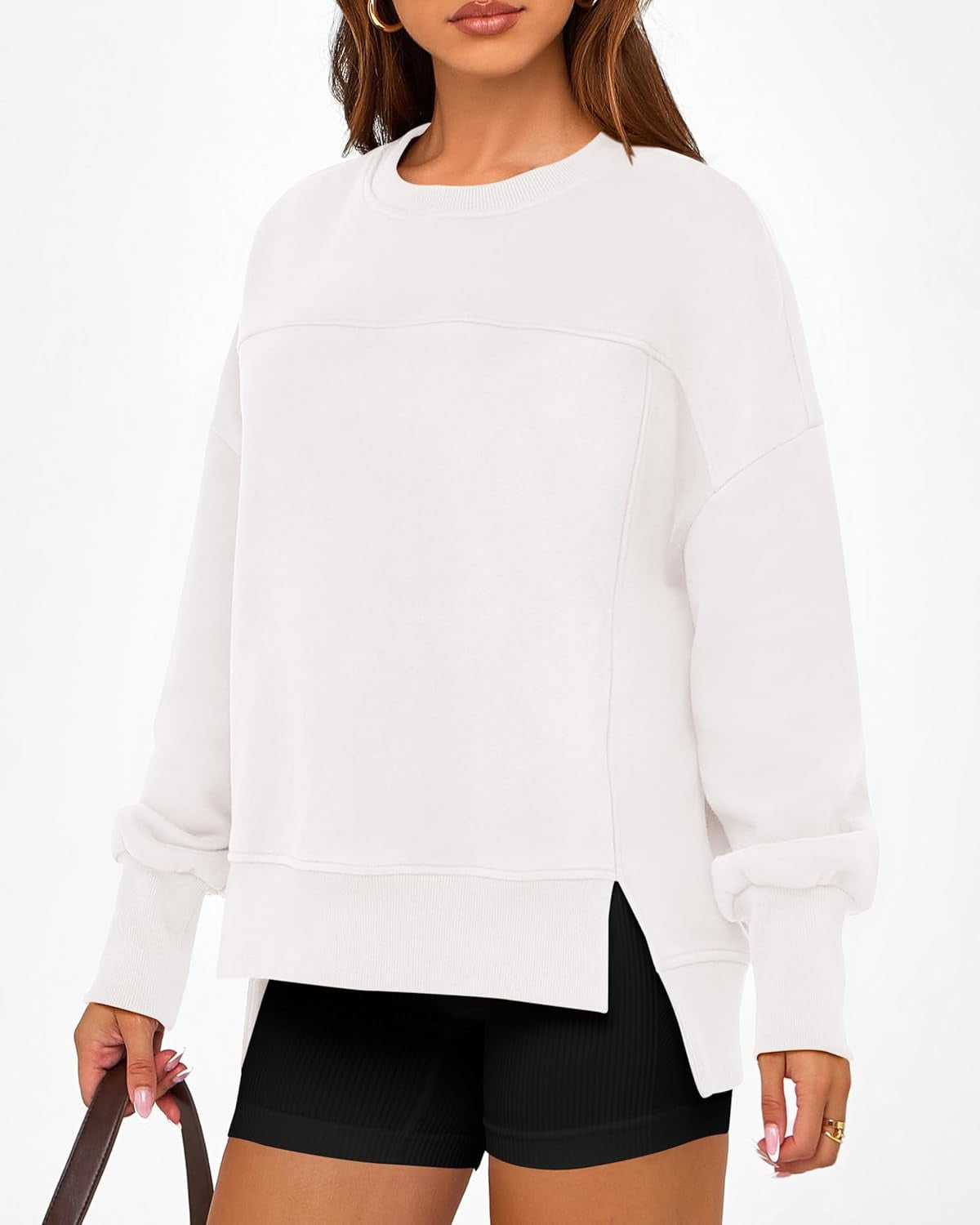 ✨Women's Casual Crewneck Sweatshirts Long Sleeve Side Slit Fleece Pullover Tops