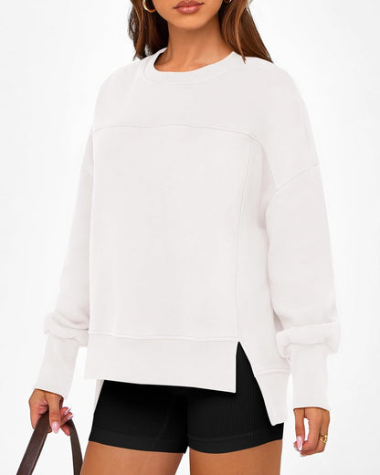 ✨Women's Casual Crewneck Sweatshirts Long Sleeve Side Slit Fleece Pullover Tops