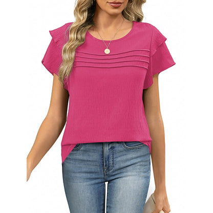 Women's Summer Ruffle Short Sleeve Crew Neck Pleated Front Tops
