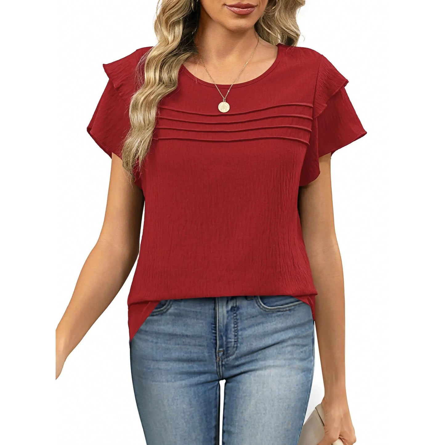 Women's Summer Ruffle Short Sleeve Crew Neck Pleated Front Tops