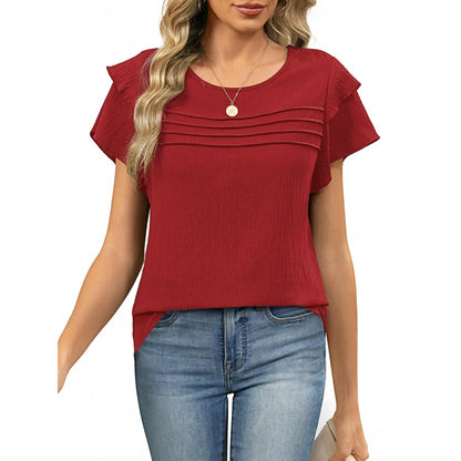 Women's Summer Ruffle Short Sleeve Crew Neck Pleated Front Tops