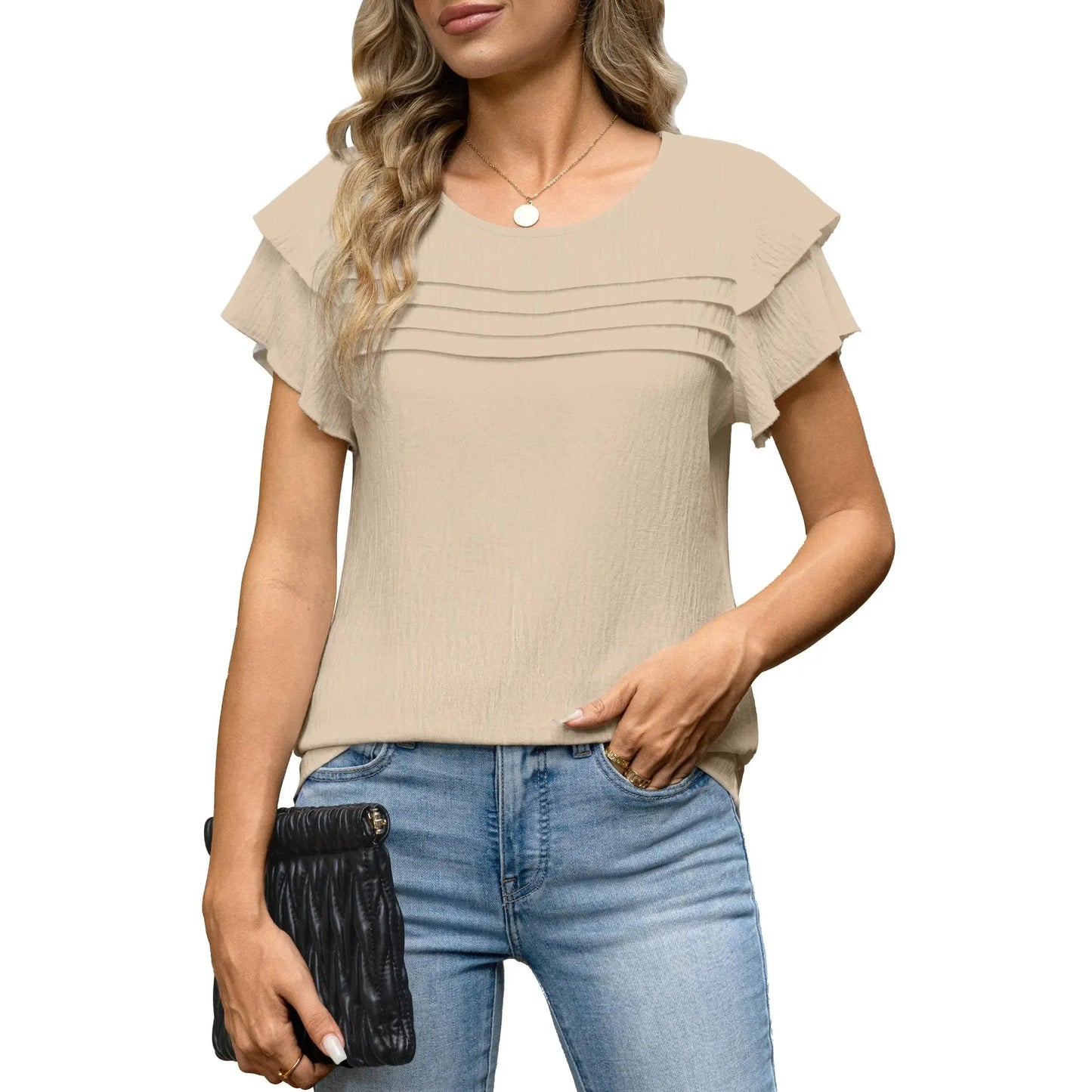 Women's Summer Ruffle Short Sleeve Crew Neck Pleated Front Tops