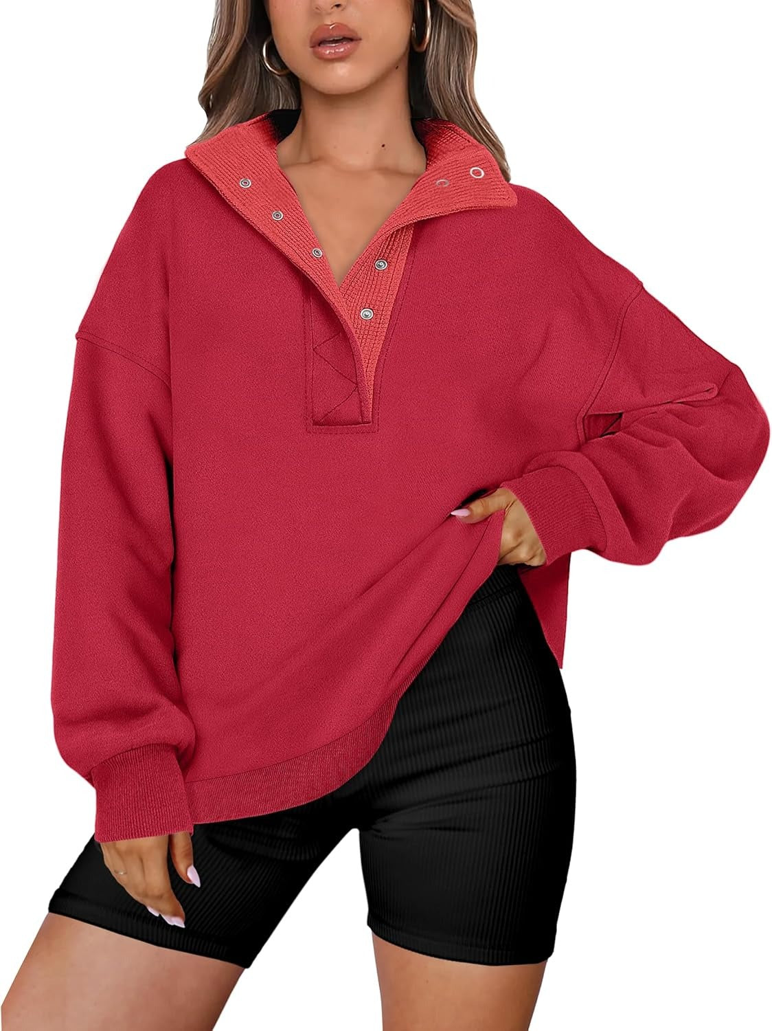 Women's Oversized Button Up Henley Pullover Sweatshirt