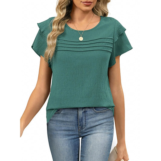 Women's Summer Ruffle Short Sleeve Crew Neck Pleated Front Tops