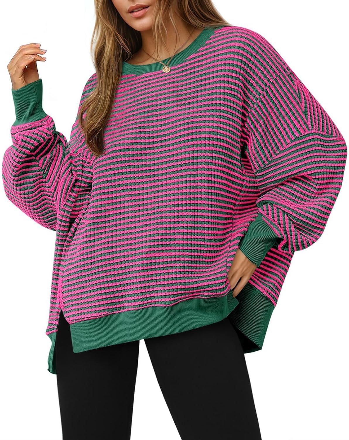 ⏰Hot Sale-Women's Oversized Sweatshirt Waffle Long Sleeve Split Pullover Tunic Tops