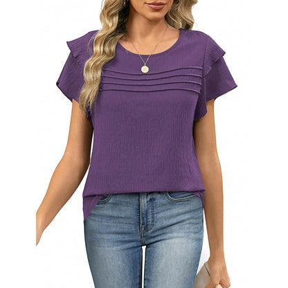 Women's Summer Ruffle Short Sleeve Crew Neck Pleated Front Tops