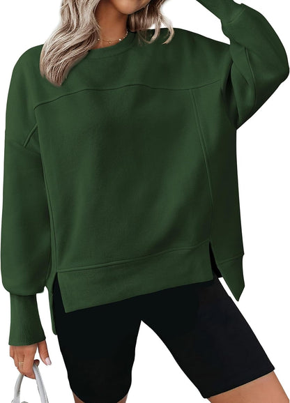 ✨Women's Casual Crewneck Sweatshirts Long Sleeve Side Slit Fleece Pullover Tops