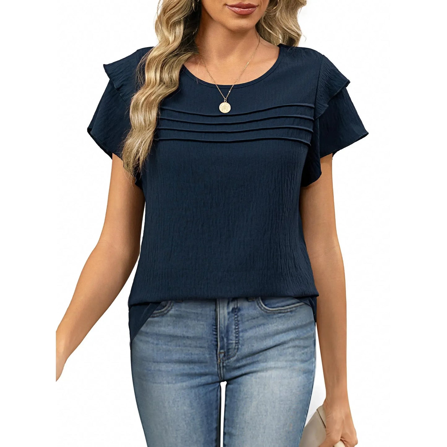 Women's Summer Ruffle Short Sleeve Crew Neck Pleated Front Tops