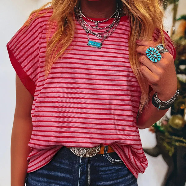 Women's Striped Ribbed Knitted Drop Shoulder Round Neck T-Shirt