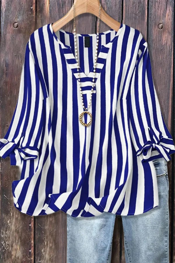 ✨Women's Casual Striped V-Neck Tied Sleeve Top  Versatile Blouse