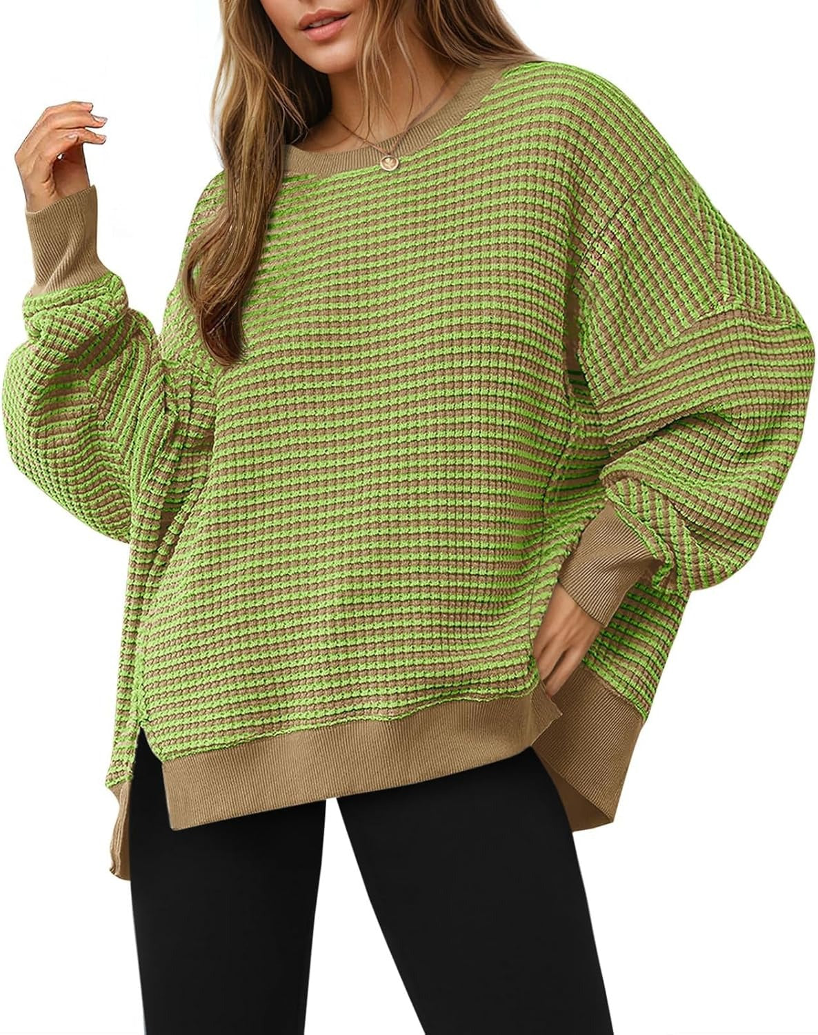 ⏰Hot Sale-Women's Oversized Sweatshirt Waffle Long Sleeve Split Pullover Tunic Tops