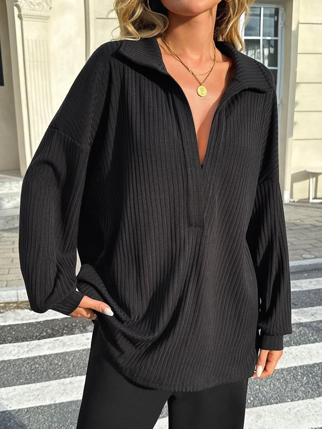 Womens Oversized Deep V Neck Sweatshirts Collared Long Sleeve Ribbed Knit Pullover Tops