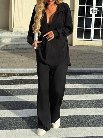 Womens Oversized Deep V Neck Sweatshirts Collared Long Sleeve Ribbed Knit Pullover Tops