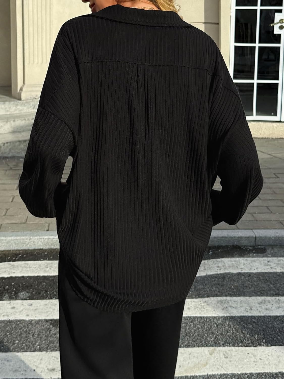 Womens Oversized Deep V Neck Sweatshirts Collared Long Sleeve Ribbed Knit Pullover Tops