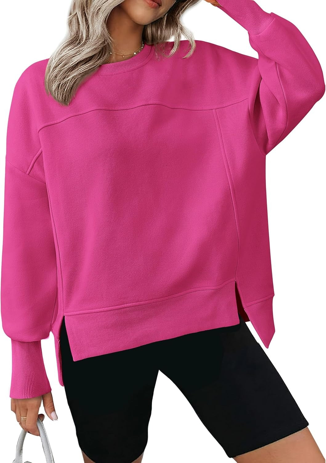 ✨Women's Casual Crewneck Sweatshirts Long Sleeve Side Slit Fleece Pullover Tops