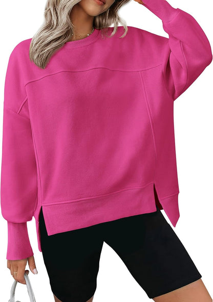 ✨Women's Casual Crewneck Sweatshirts Long Sleeve Side Slit Fleece Pullover Tops