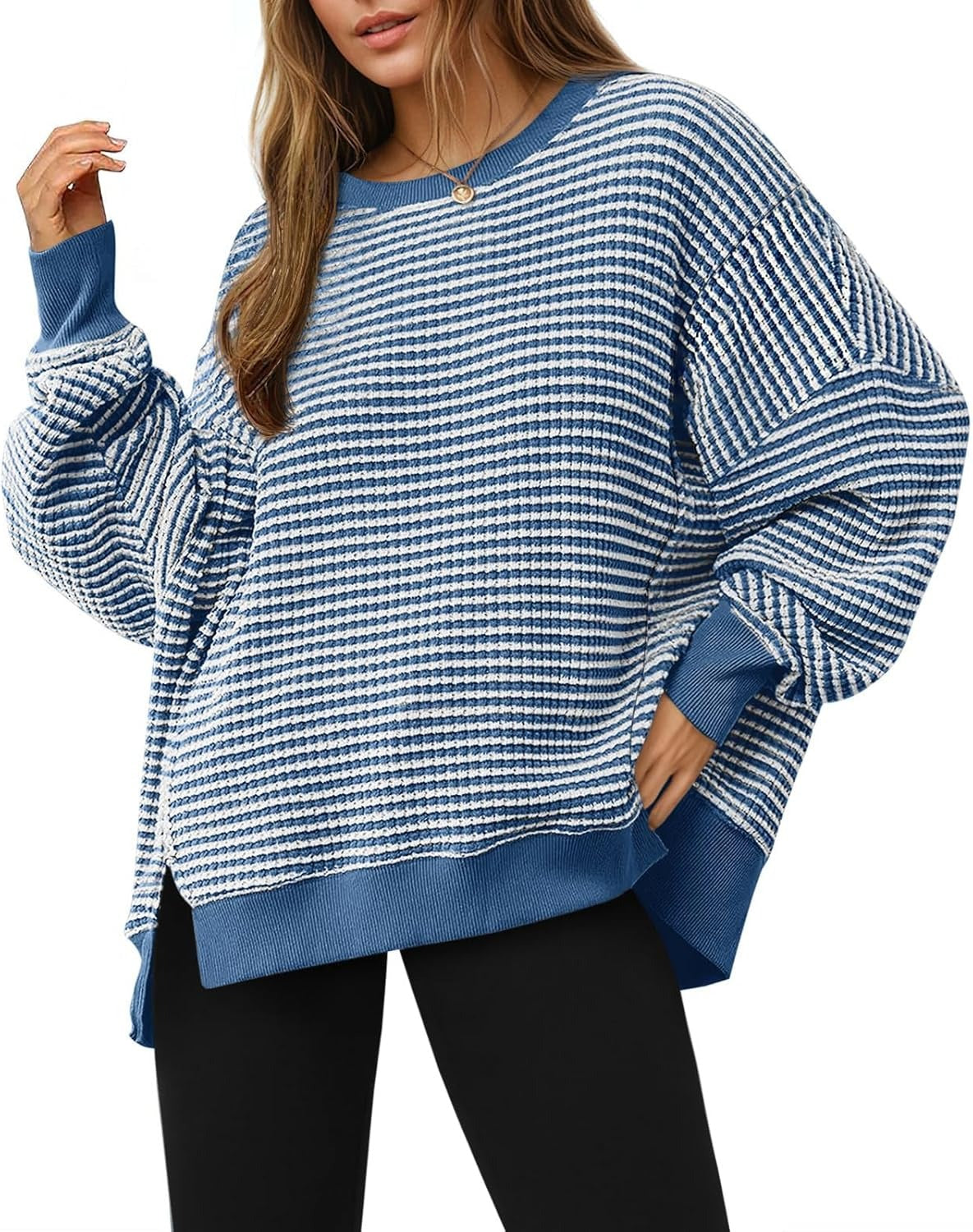 ✨Women's Oversized Sweatshirt Waffle Long Sleeve Split Pullover Tunic Tops
