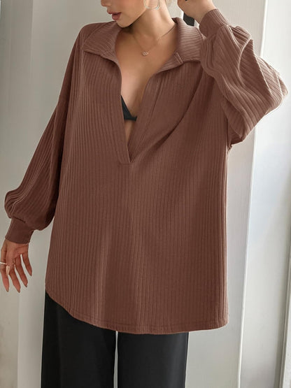 Womens Oversized Deep V Neck Sweatshirts Collared Long Sleeve Ribbed Knit Pullover Tops