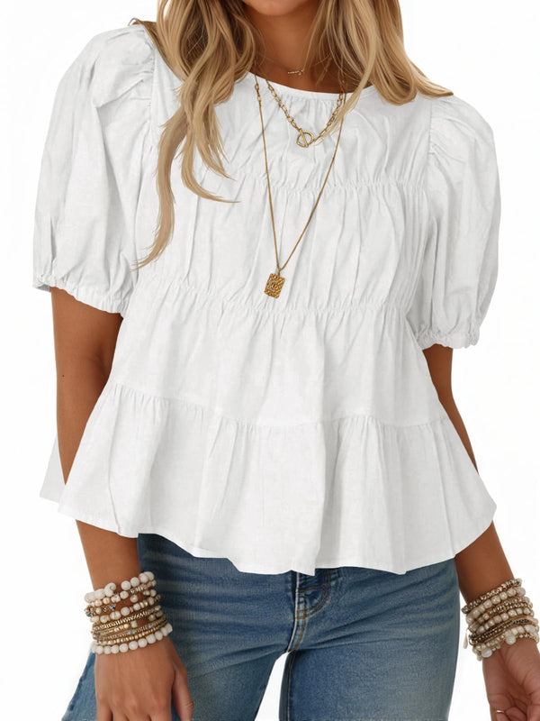 Limited time sale🔥Women's Puff Sleeve T-Shirts Smocked Peplum Blouse Casual Loose Fit Tops