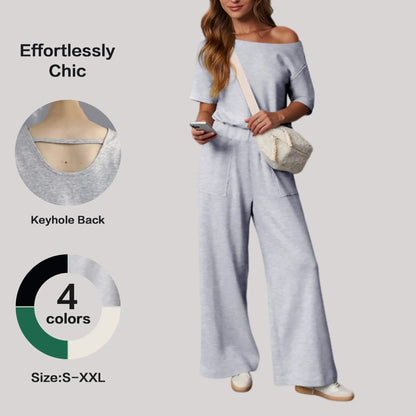 🔥Women's Short Sleeve Back Cutout Casual Wide Leg Loose Fit One-Piece Jumpsuit