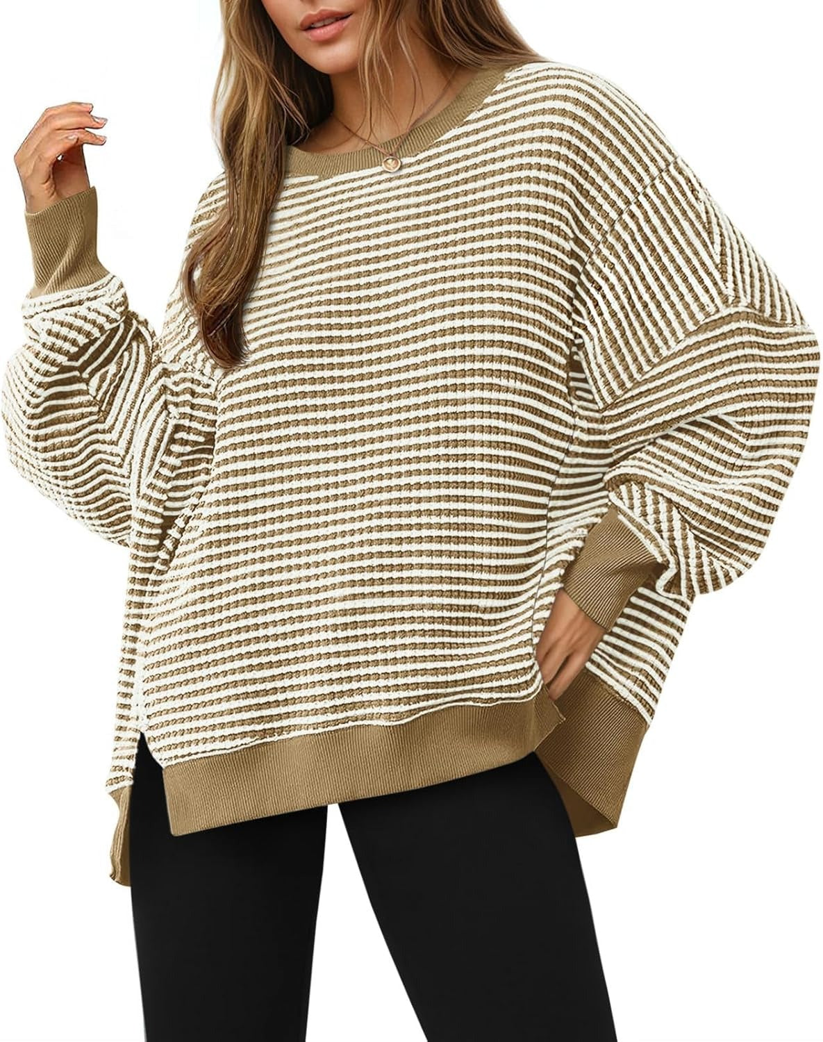 ⏰Hot Sale-Women's Oversized Sweatshirt Waffle Long Sleeve Split Pullover Tunic Tops