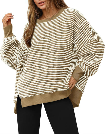 ⏰Hot Sale-Women's Oversized Sweatshirt Waffle Long Sleeve Split Pullover Tunic Tops