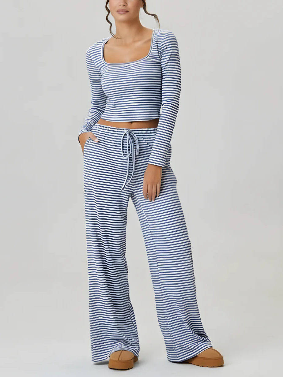Women's Square Neck Striped Two Piece Set