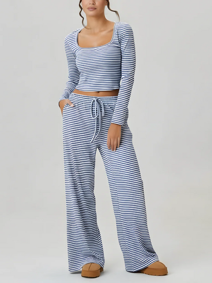 Women's Square Neck Striped Two Piece Set