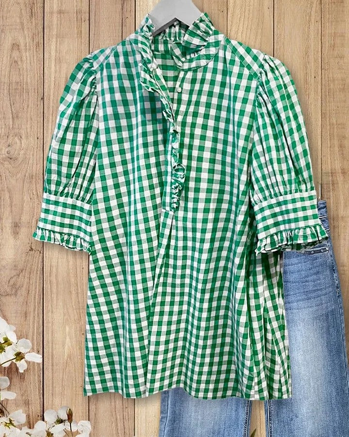 ⏰Hot Sale-Women's Grid Smart Ruffles Trim Puff Sleeve Blouse