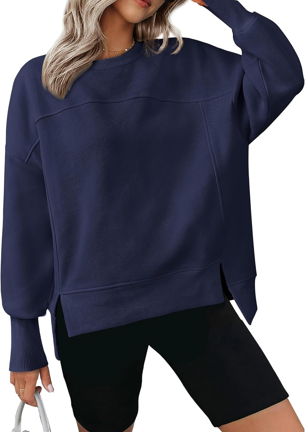 ✨Women's Casual Crewneck Sweatshirts Long Sleeve Side Slit Fleece Pullover Tops