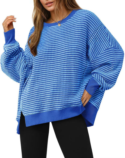 ⏰Hot Sale-Women's Oversized Sweatshirt Waffle Long Sleeve Split Pullover Tunic Tops