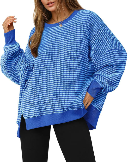 ⏰Hot Sale-Women's Oversized Sweatshirt Waffle Long Sleeve Split Pullover Tunic Tops