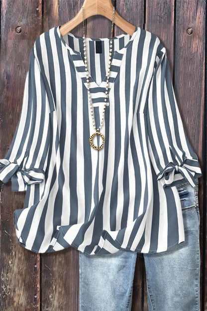 ✨Women's Casual Striped V-Neck Tied Sleeve Top  Versatile Blouse