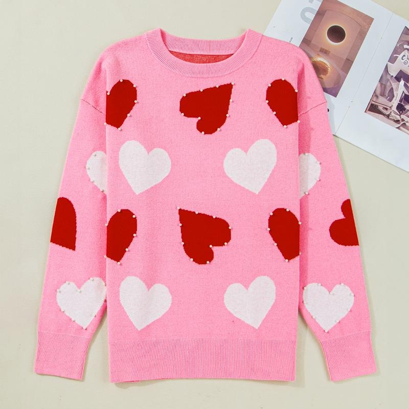 Pearl Embellished Heart Pattern Valentines Day Sweater