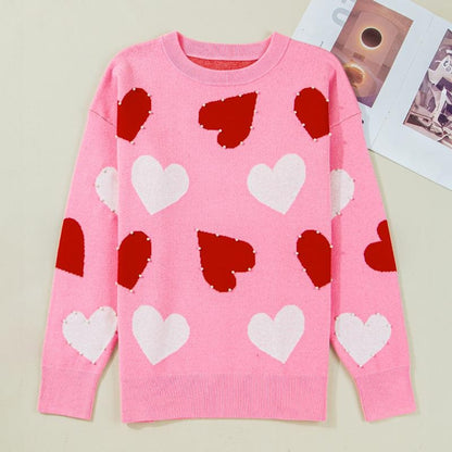 Pearl Embellished Heart Pattern Valentines Day Sweater