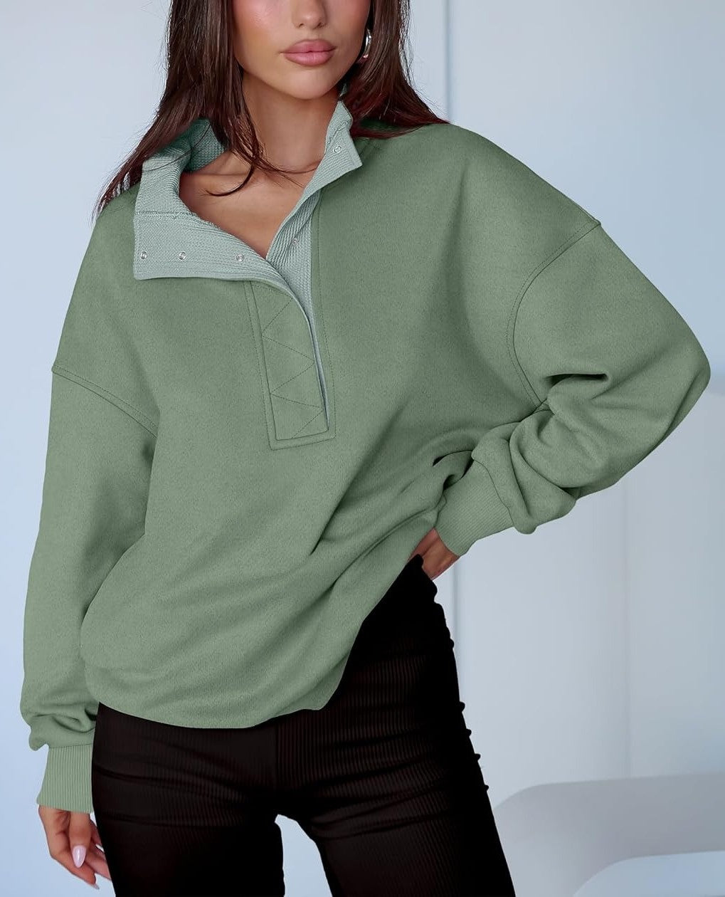 Women's Oversized Button Up Henley Pullover Sweatshirt