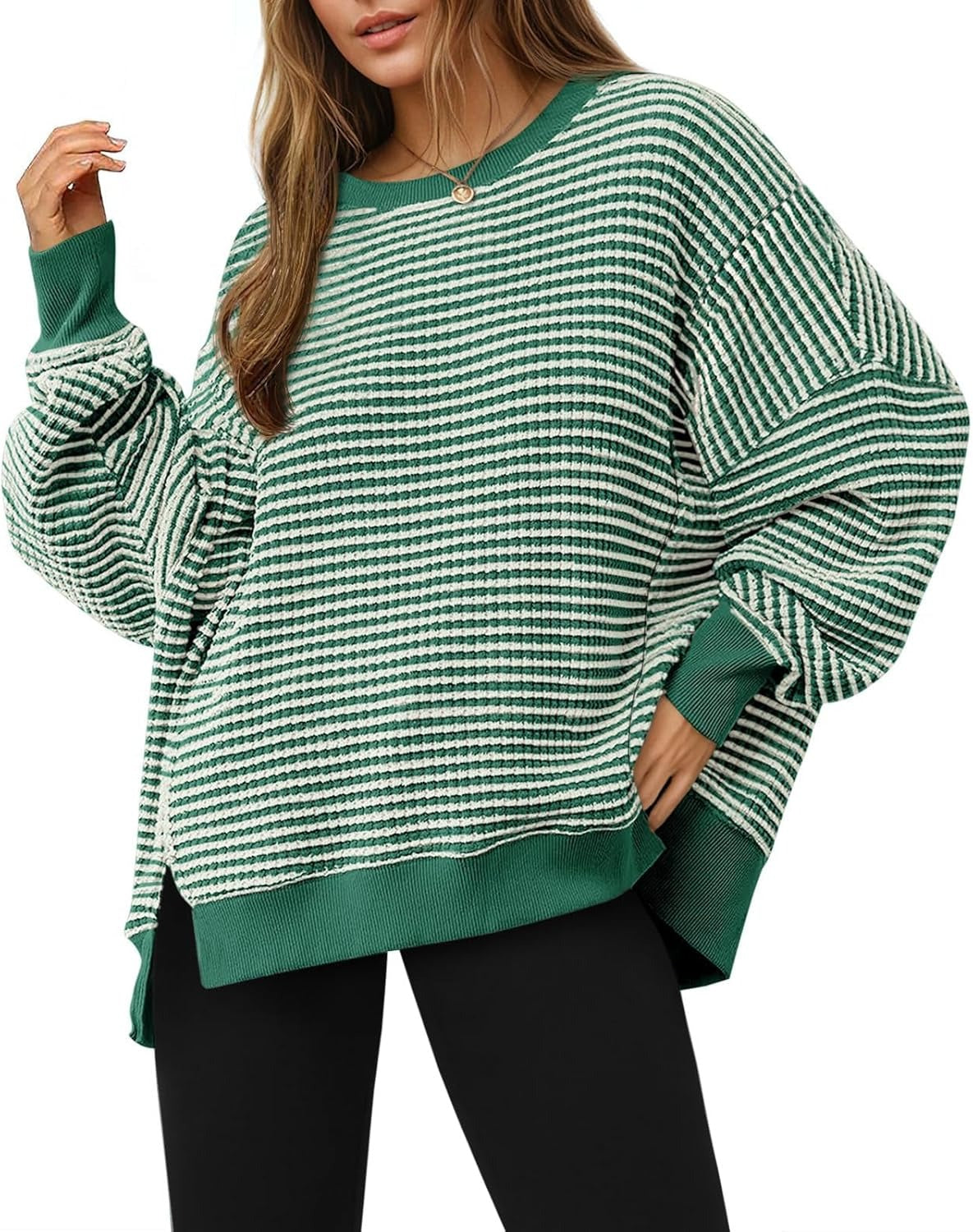 ⏰Hot Sale-Women's Oversized Sweatshirt Waffle Long Sleeve Split Pullover Tunic Tops