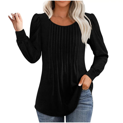 ✨Womens Dressy Long Sleeve Pleated Tops Casual Chic Crew Neck Blouses