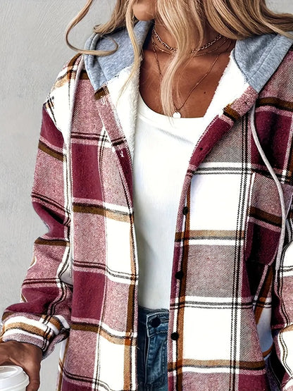 ✨Women's Plaid Button Down Fleece Lined Hooded Jackets Warm Coat
