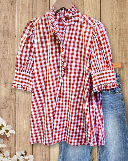 ⏰Hot Sale-Women's Grid Smart Ruffles Trim Puff Sleeve Blouse