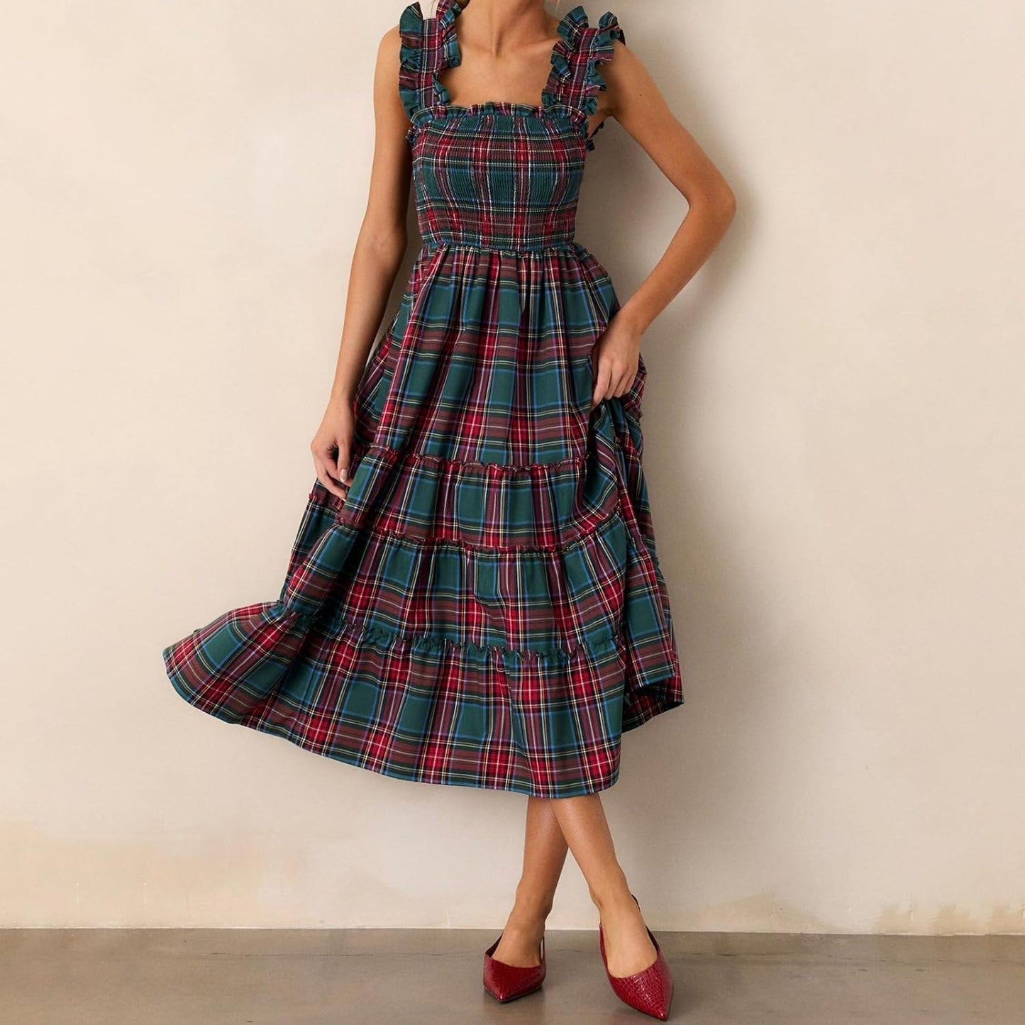 Women’s Sleeveless Plaid Ruffle A-Line Dress