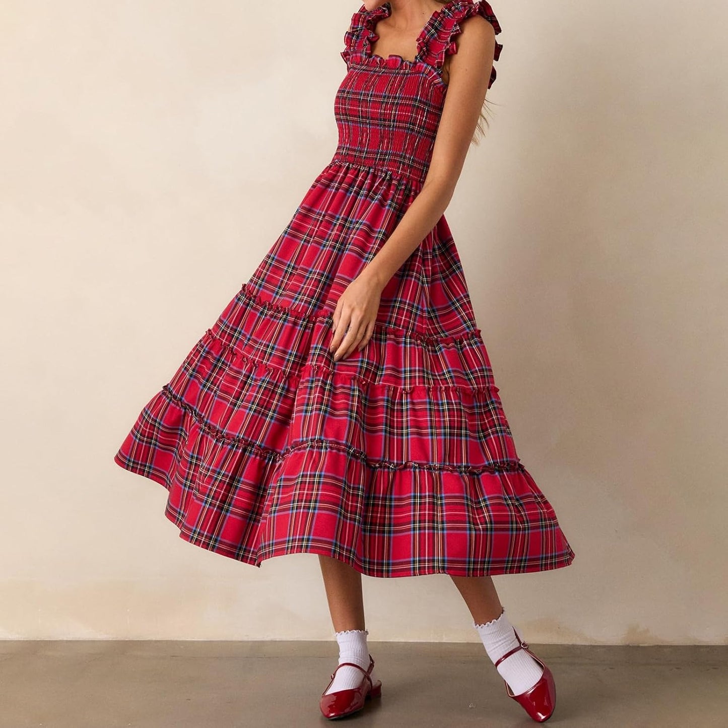 Women’s Sleeveless Plaid Ruffle A-Line Dress