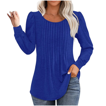 ✨Womens Dressy Long Sleeve Pleated Tops Casual Chic Crew Neck Blouses
