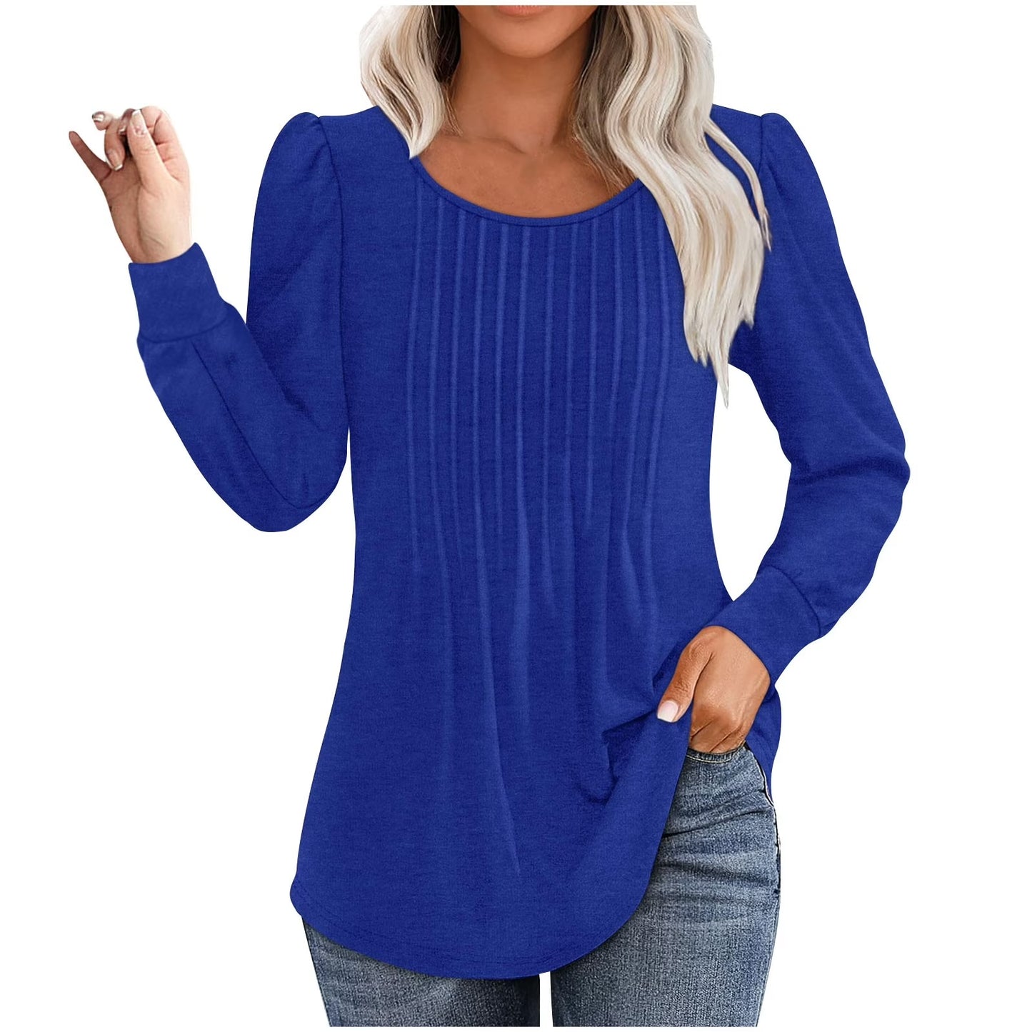 ✨Womens Dressy Long Sleeve Pleated Tops Casual Chic Crew Neck Blouses