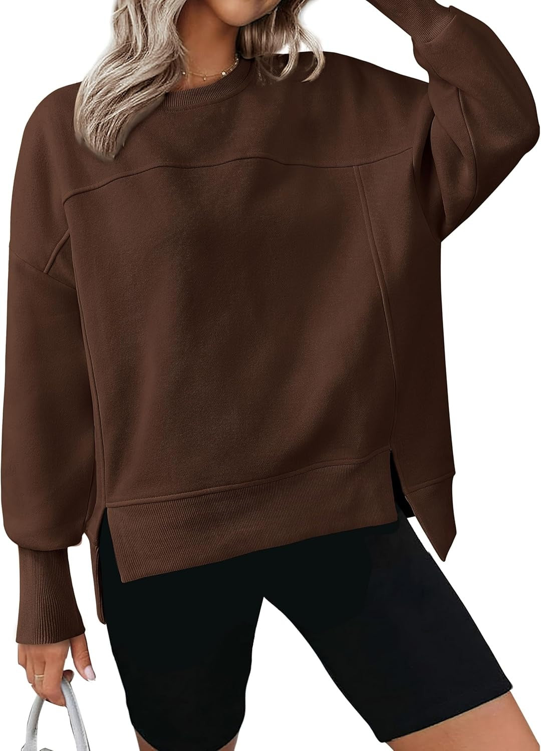 ✨Women's Casual Crewneck Sweatshirts Long Sleeve Side Slit Fleece Pullover Tops