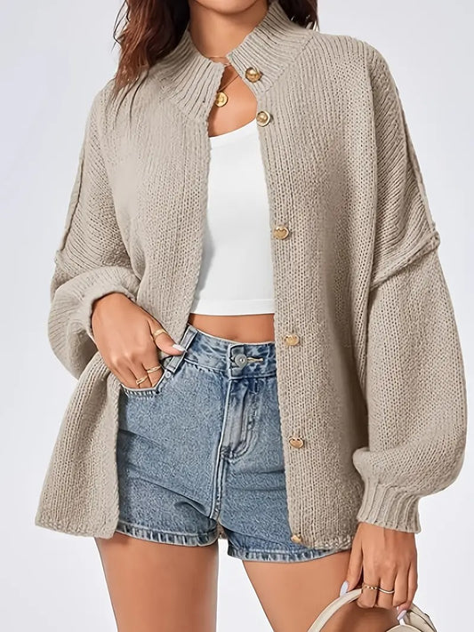 Women Thermal Stand Collared Open Front Cardigan Fall Oversized Button Down Sweater Jacket