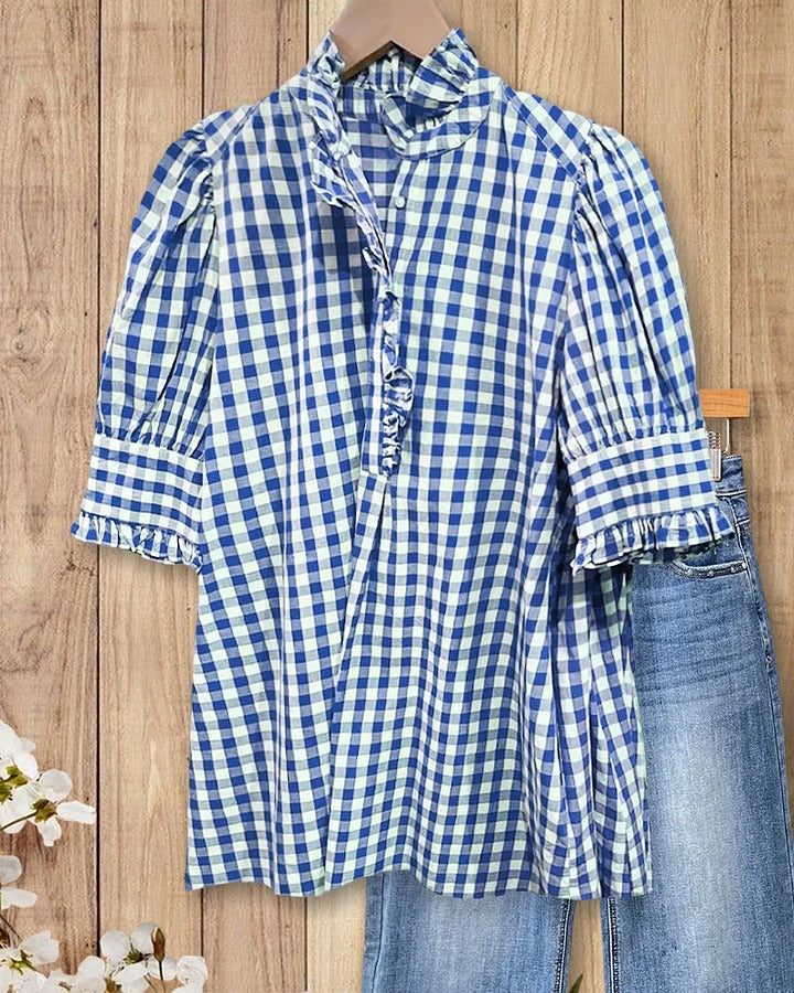 ⏰Hot Sale-Women's Grid Smart Ruffles Trim Puff Sleeve Blouse