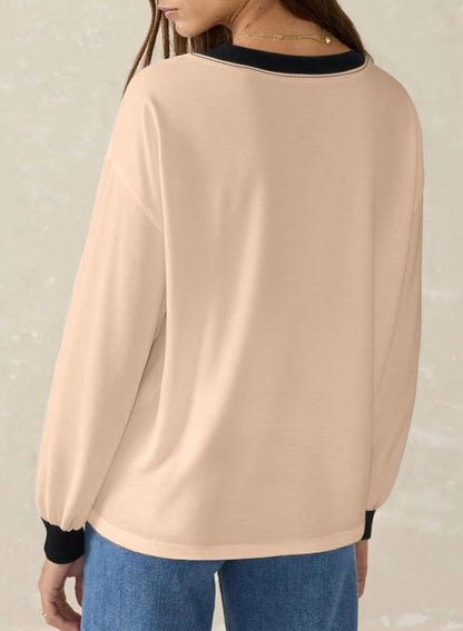 Women's Loose V-Neck Long Sleeve Colorblock T-shirt